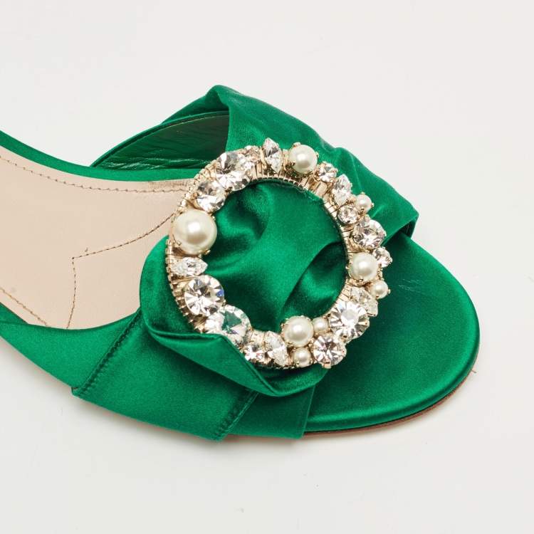 Pre Owned Miu Miu Green Satin Crystal Embellish Flat Slide Size 37.5