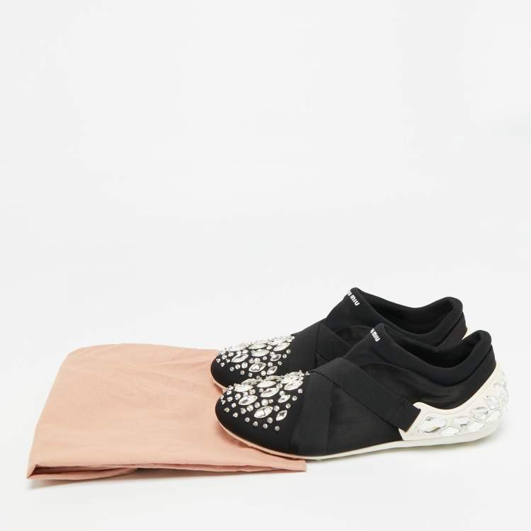 Pre Owned Miu Miu Black Elastic and Nylon Crystal Embellished Slip On Sneakers Size 38