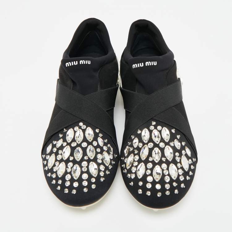 Pre Owned Miu Miu Black Elastic and Nylon Crystal Embellished Slip On Sneakers Size 38