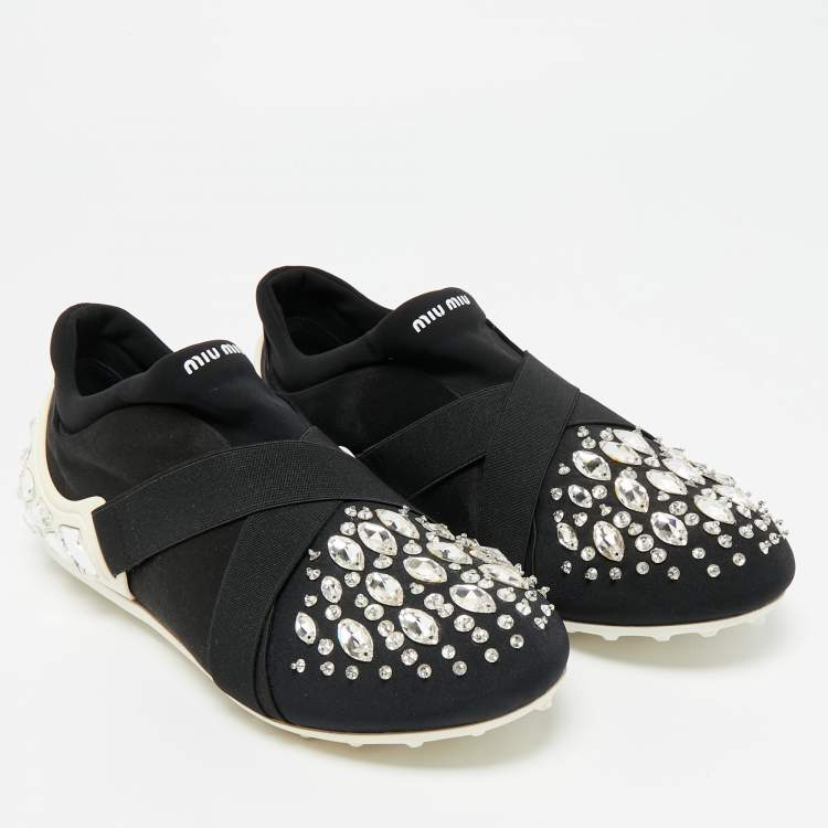 Pre Owned Miu Miu Black Elastic and Nylon Crystal Embellished Slip On Sneakers Size 38