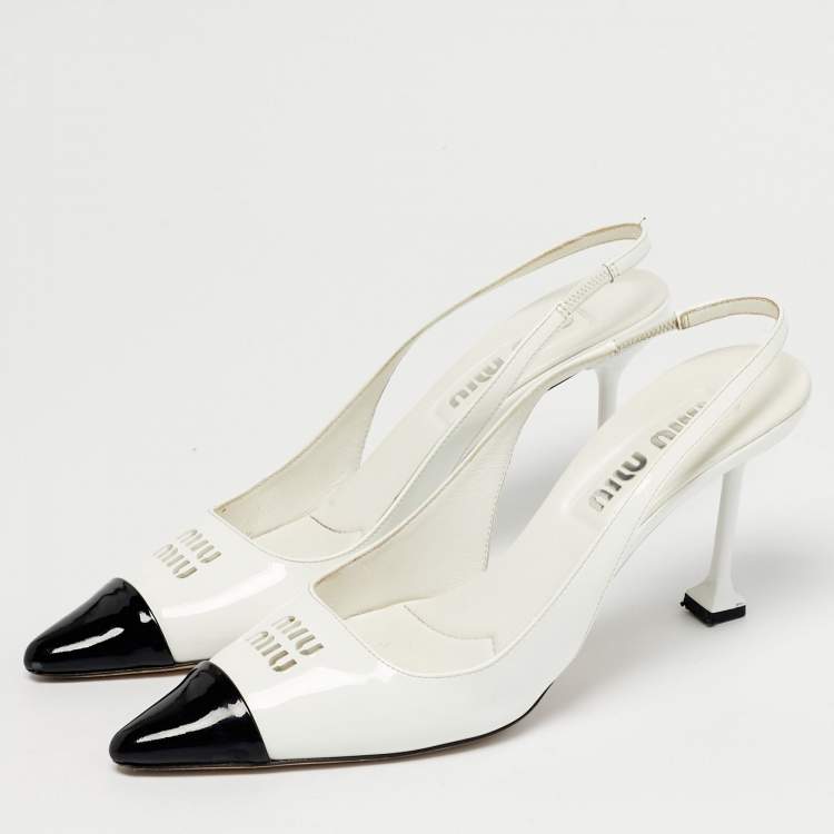 Pre Owned Miu Miu Size 37 White/Black Patent Leather Cap Pointed Toe Slingback Pumps