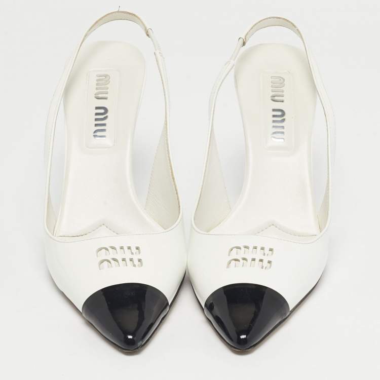 Pre Owned Miu Miu Size 37 White/Black Patent Leather Cap Pointed Toe Slingback Pumps