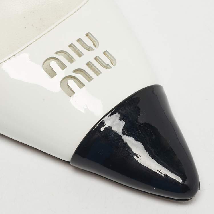 Pre Owned Miu Miu Size 37 White/Black Patent Leather Cap Pointed Toe Slingback Pumps