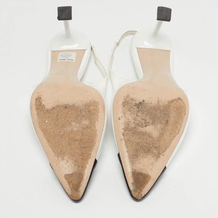 Pre Owned Miu Miu Size 37 White/Black Patent Leather Cap Pointed Toe Slingback Pumps