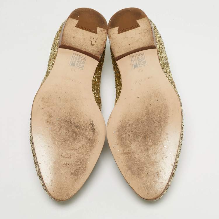 Pre Owned Miu Miu Size 38 Gold Glitter and Leather Tassel Smoking Slippers