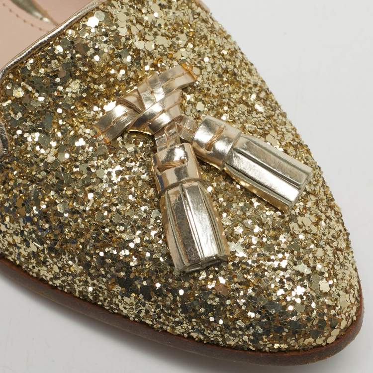 Pre Owned Miu Miu Size 38 Gold Glitter and Leather Tassel Smoking Slippers