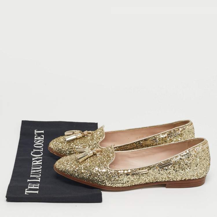 Pre Owned Miu Miu Size 38 Gold Glitter and Leather Tassel Smoking Slippers