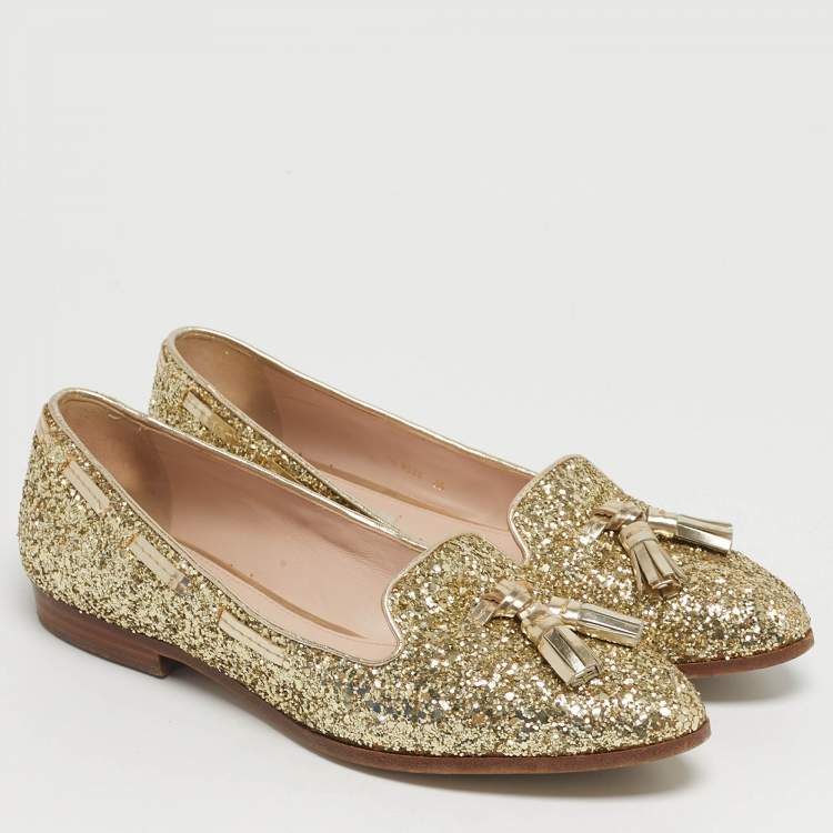 Pre Owned Miu Miu Size 38 Gold Glitter and Leather Tassel Smoking Slippers