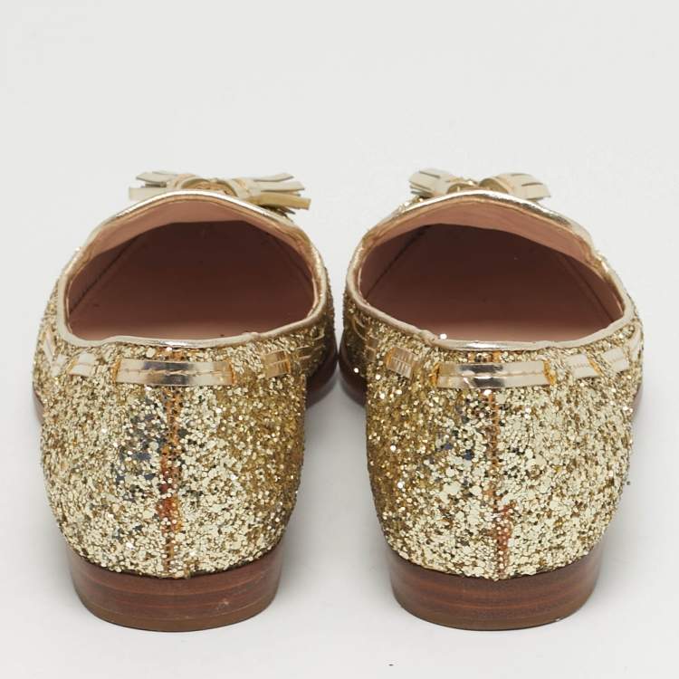 Pre Owned Miu Miu Size 38 Gold Glitter and Leather Tassel Smoking Slippers