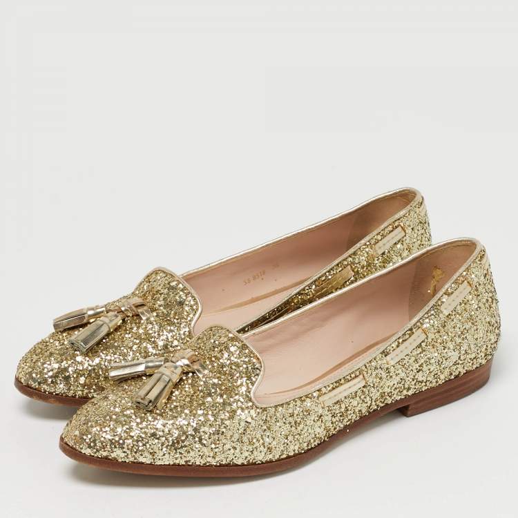 Pre Owned Miu Miu Size 38 Gold Glitter and Leather Tassel Smoking Slippers