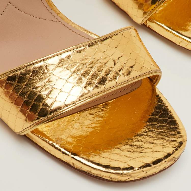 Pre Owned Miu Miu Size 41 Gold Python Embossed Leather Crystal Embellished Block Heel Ankle Strap Sandals