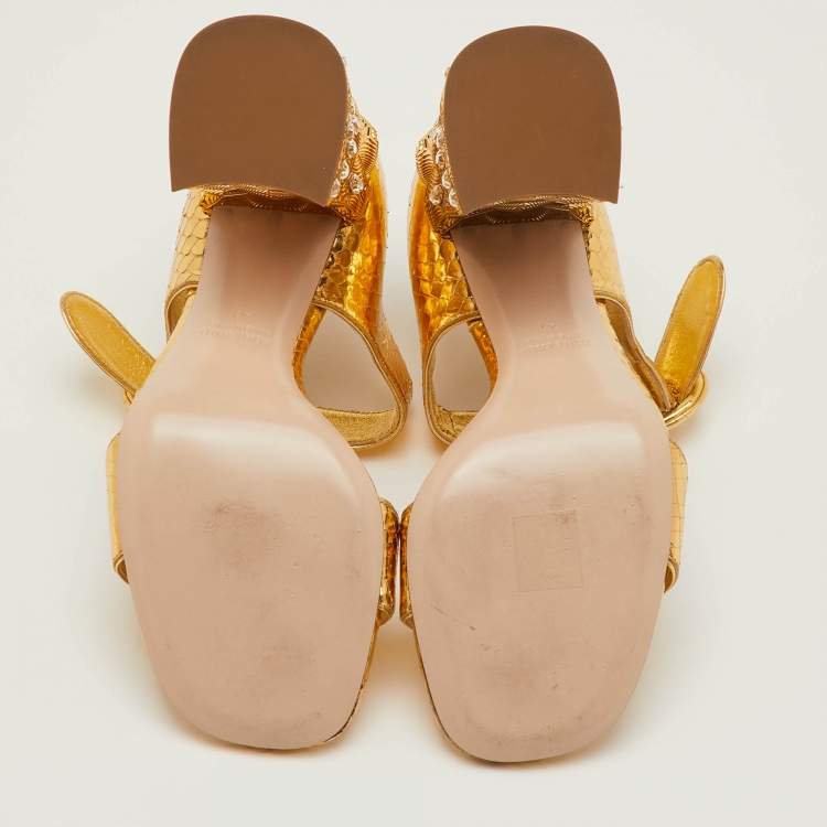 Pre Owned Miu Miu Size 41 Gold Python Embossed Leather Crystal Embellished Block Heel Ankle Strap Sandals