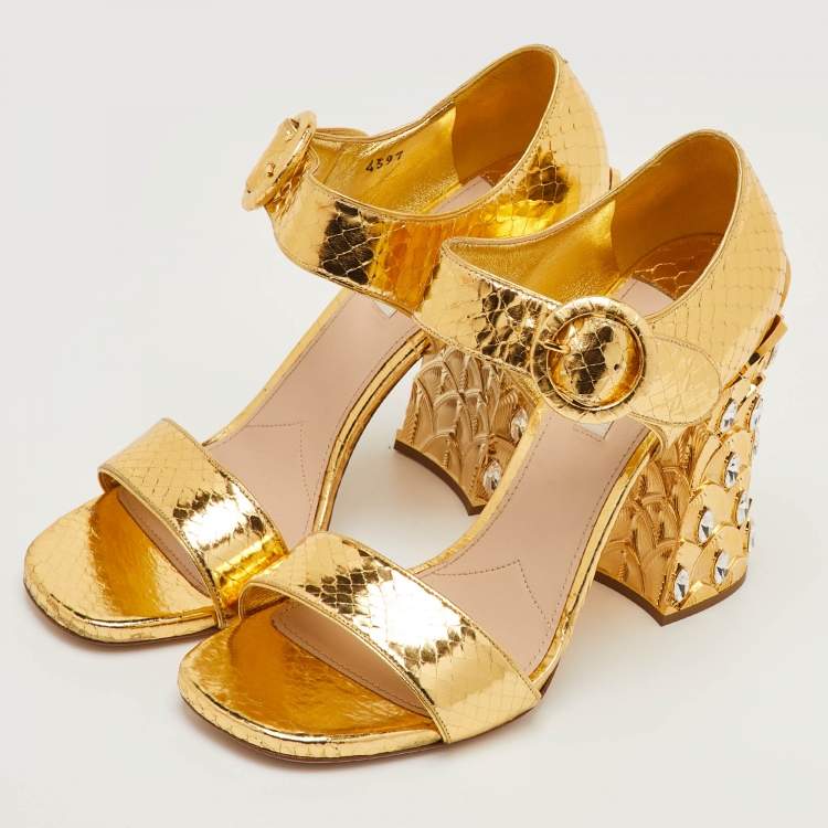 Pre Owned Miu Miu Size 41 Gold Python Embossed Leather Crystal Embellished Block Heel Ankle Strap Sandals
