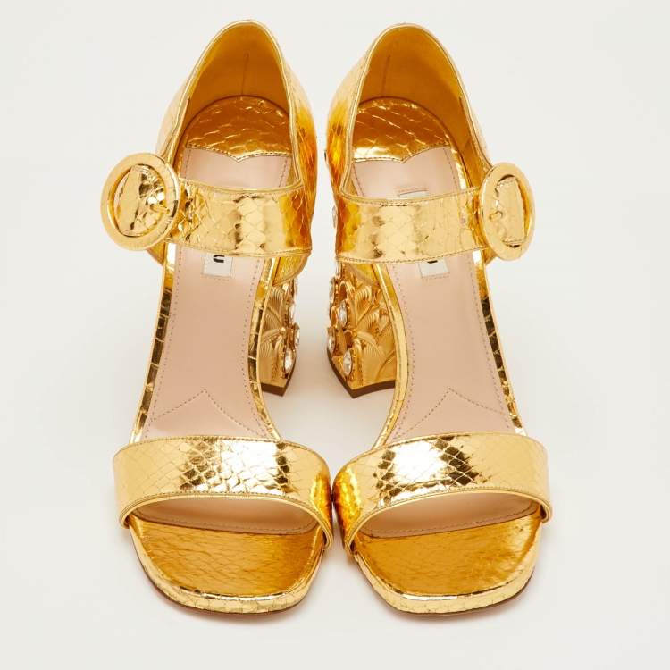 Pre Owned Miu Miu Size 41 Gold Python Embossed Leather Crystal Embellished Block Heel Ankle Strap Sandals