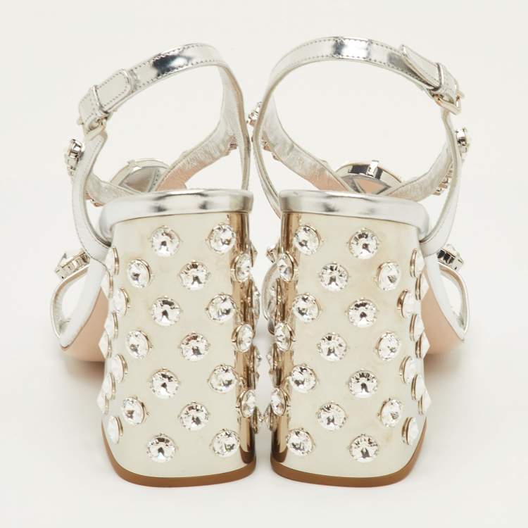Pre Owned Miu Miu Size 39.5 Silver Patent Leather Crystal Embellished Block Heel Sandals 
