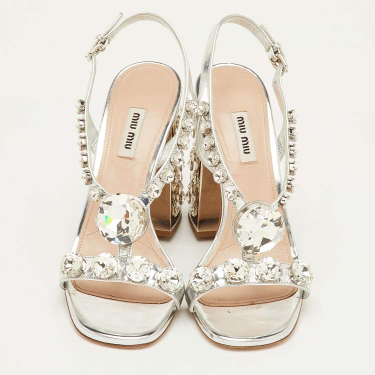 Pre Owned Miu Miu Size 39.5 Silver Patent Leather Crystal Embellished Block Heel Sandals 