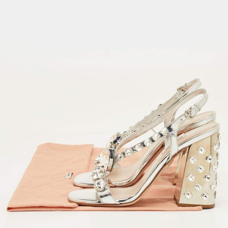 Pre Owned Miu Miu Size 39.5 Silver Patent Leather Crystal Embellished Block Heel Sandals 