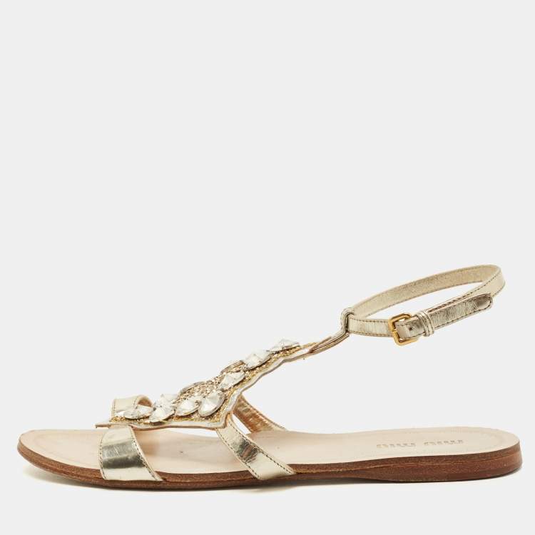 Pre Owned Miu Miu Size 35 Silver Foil Leather Crystal Embellished Ankle Strap Flat Sandals