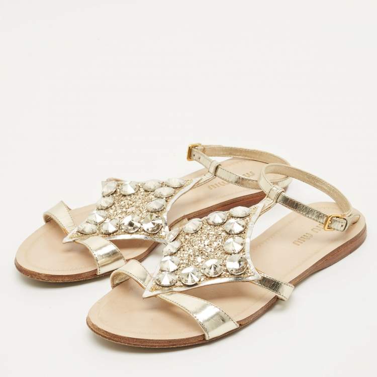 Pre Owned Miu Miu Size 35 Silver Foil Leather Crystal Embellished Ankle Strap Flat Sandals