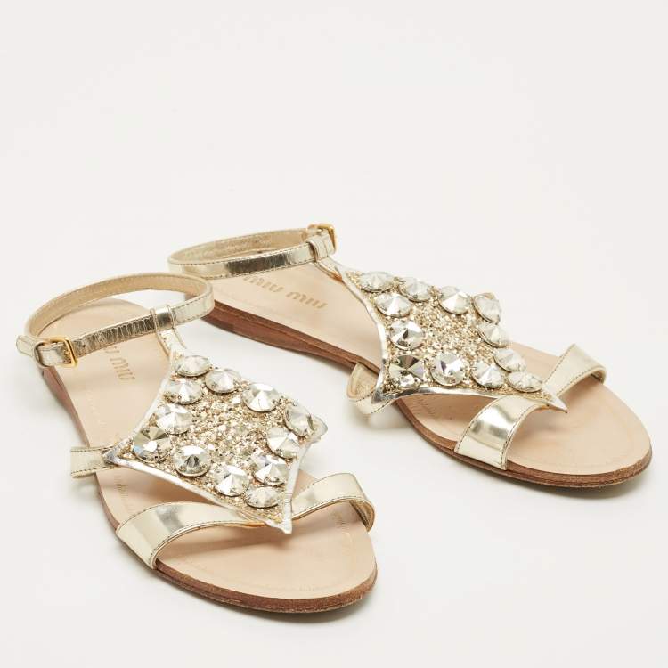 Pre Owned Miu Miu Size 35 Silver Foil Leather Crystal Embellished Ankle Strap Flat Sandals