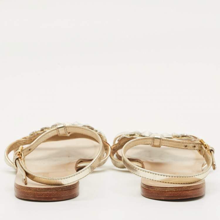 Pre Owned Miu Miu Size 35 Silver Foil Leather Crystal Embellished Ankle Strap Flat Sandals