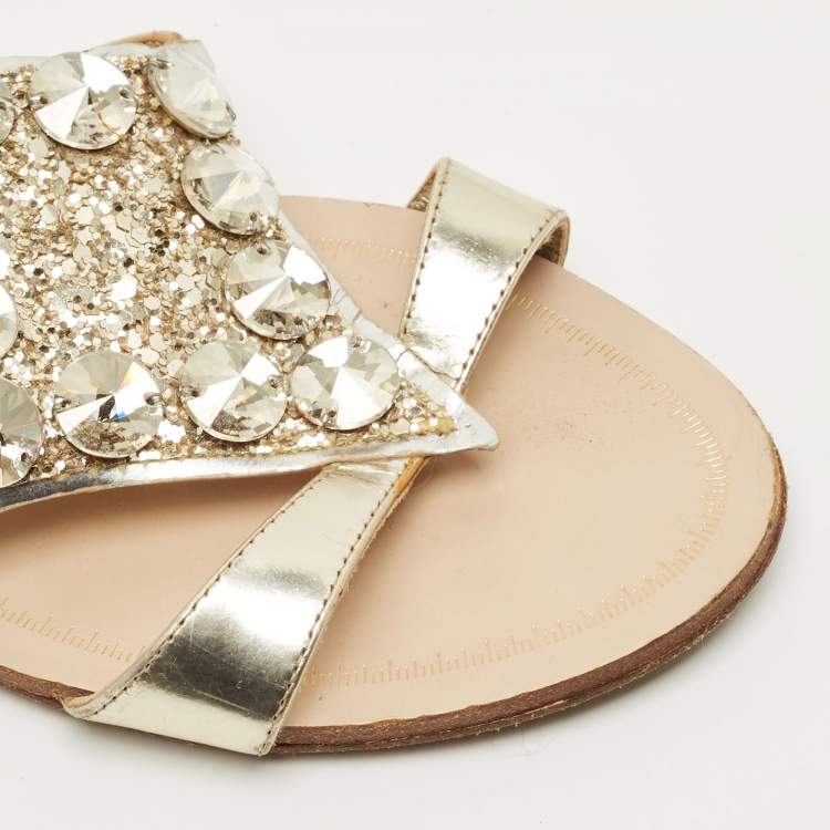 Pre Owned Miu Miu Size 35 Silver Foil Leather Crystal Embellished Ankle Strap Flat Sandals