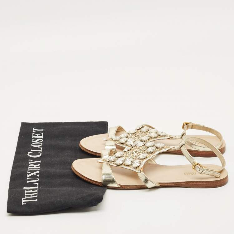 Pre Owned Miu Miu Size 35 Silver Foil Leather Crystal Embellished Ankle Strap Flat Sandals