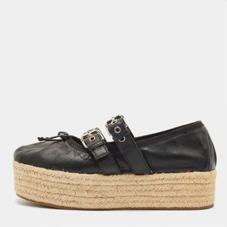 Pre Owned Miu Miu Size 40 Black Leather Belted Ballet Platform Espadrille Flats  