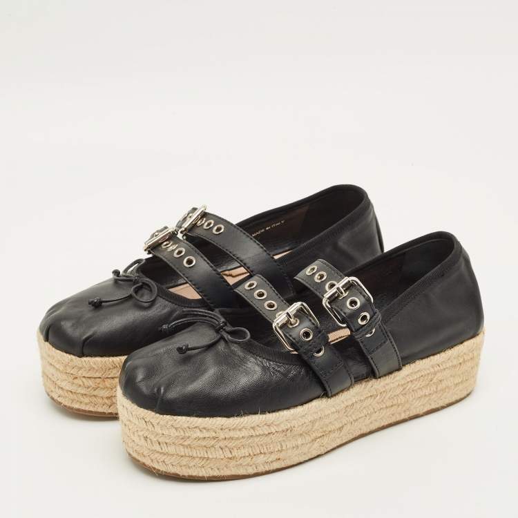 Pre Owned Miu Miu Size 40 Black Leather Belted Ballet Platform Espadrille Flats  