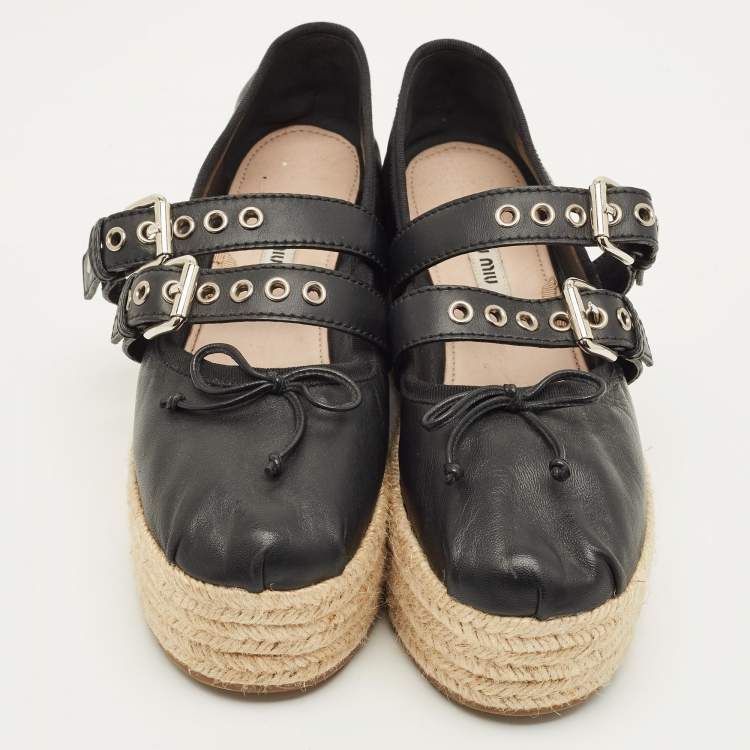 Pre Owned Miu Miu Size 40 Black Leather Belted Ballet Platform Espadrille Flats  