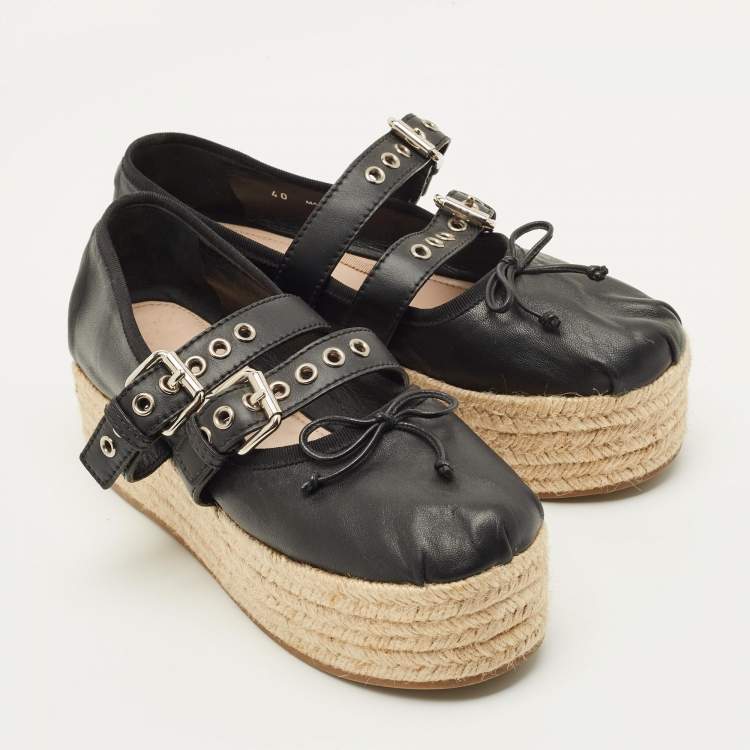 Pre Owned Miu Miu Size 40 Black Leather Belted Ballet Platform Espadrille Flats  