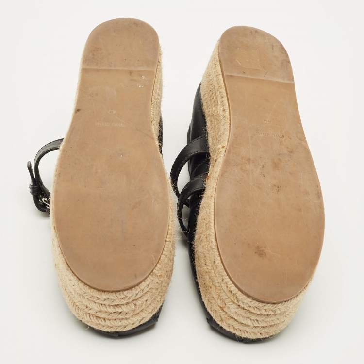 Pre Owned Miu Miu Size 40 Black Leather Belted Ballet Platform Espadrille Flats  