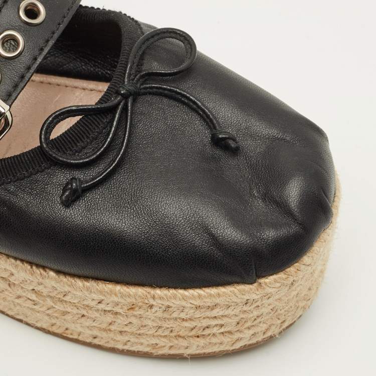 Pre Owned Miu Miu Size 40 Black Leather Belted Ballet Platform Espadrille Flats  
