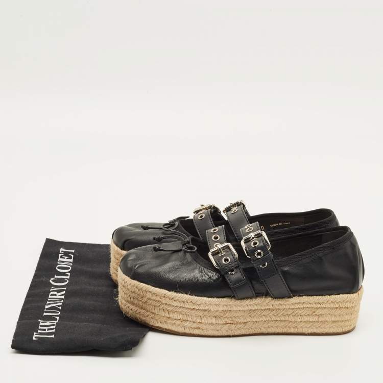 Pre Owned Miu Miu Size 40 Black Leather Belted Ballet Platform Espadrille Flats  