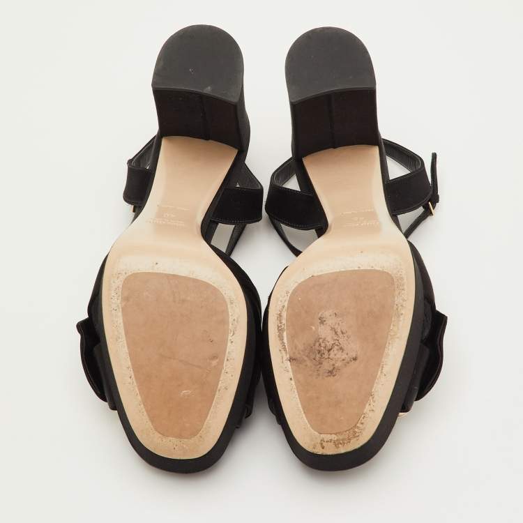 Pre Owned Miu Miu Size 40 Black Satin Crystal Embellished Platform Ankle Strap Sandals