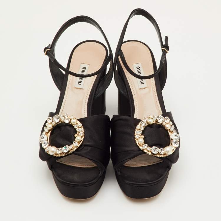 Pre Owned Miu Miu Size 40 Black Satin Crystal Embellished Platform Ankle Strap Sandals