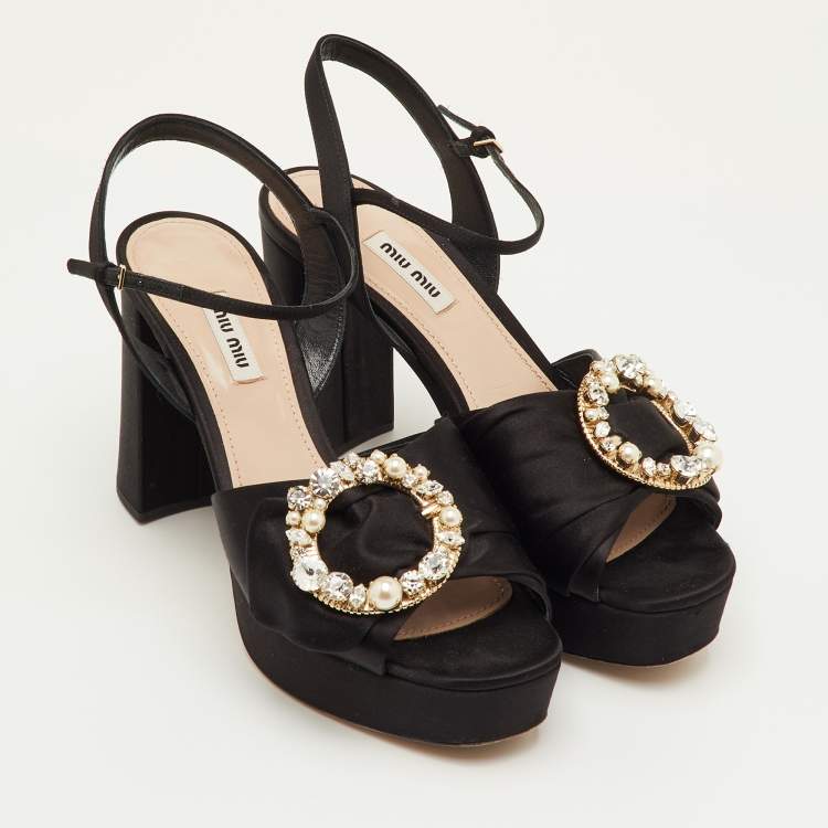 Pre Owned Miu Miu Size 40 Black Satin Crystal Embellished Platform Ankle Strap Sandals