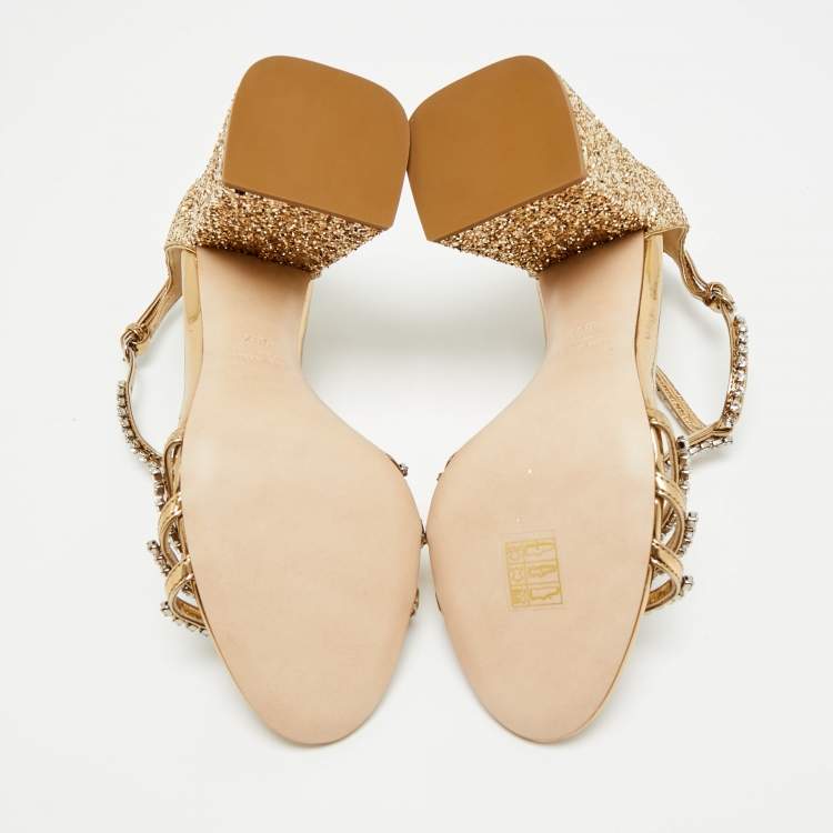 Pre Owned Miu Miu Crystal Embellished Size 38.5 Gold Glitter T-Strap Sandals
