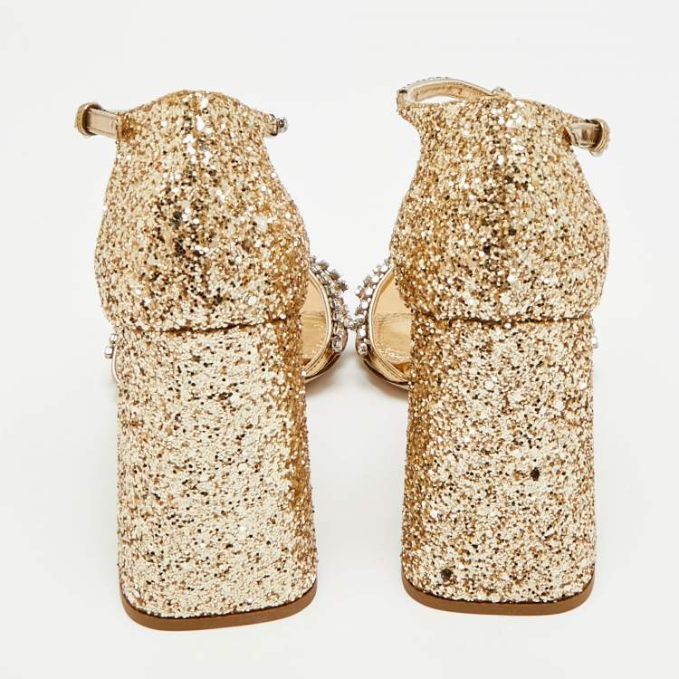 Pre Owned Miu Miu Crystal Embellished Size 38.5 Gold Glitter T-Strap Sandals