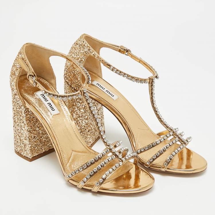 Pre Owned Miu Miu Crystal Embellished Size 38.5 Gold Glitter T-Strap Sandals