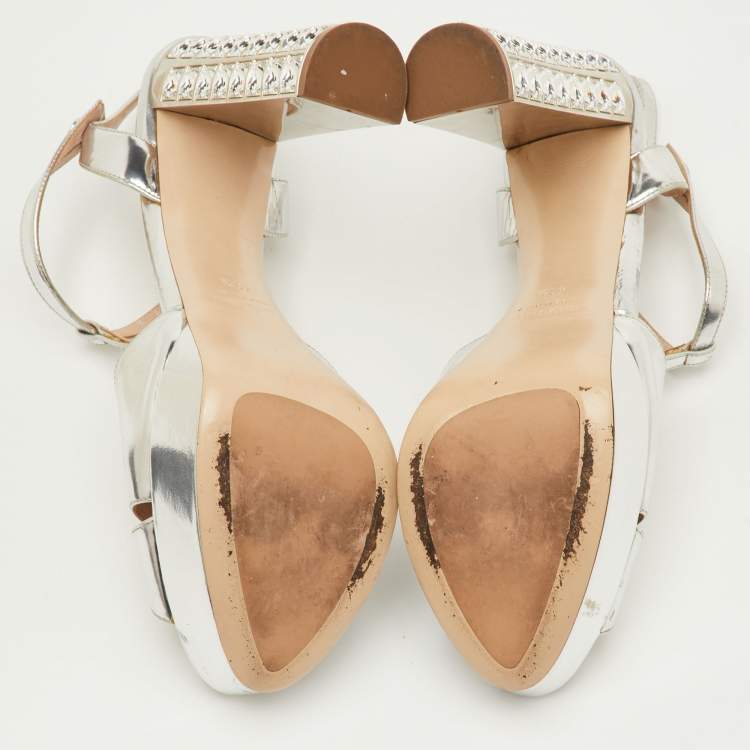 مملوكة مسبقًا Miu Miu Size 40.5 Silver Leather T-Strap Crystal Block Heel Platform Sandals