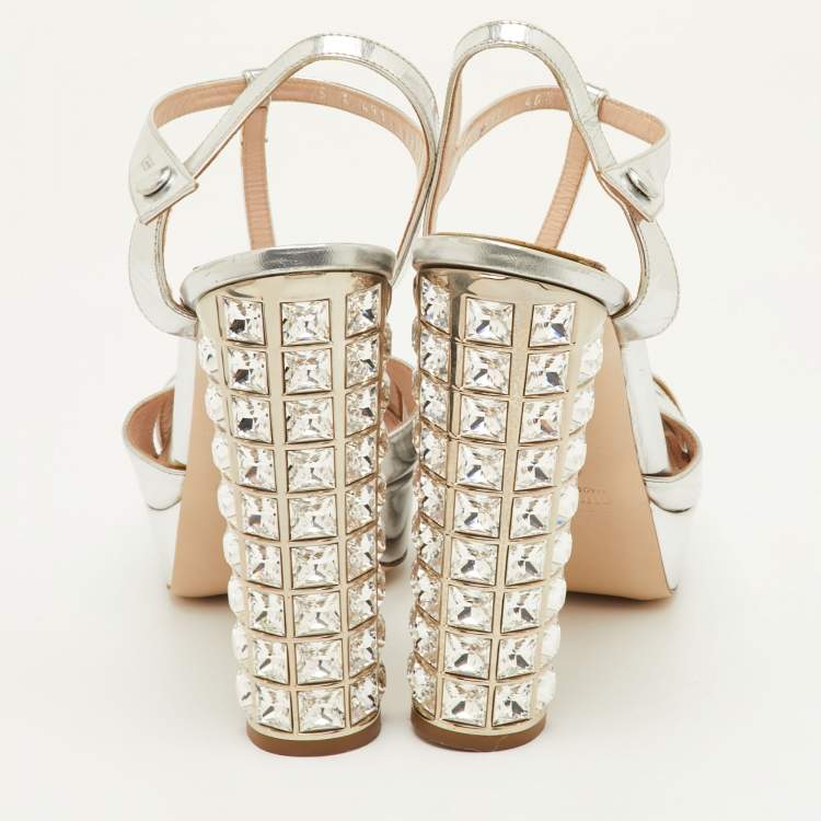 مملوكة مسبقًا Miu Miu Size 40.5 Silver Leather T-Strap Crystal Block Heel Platform Sandals