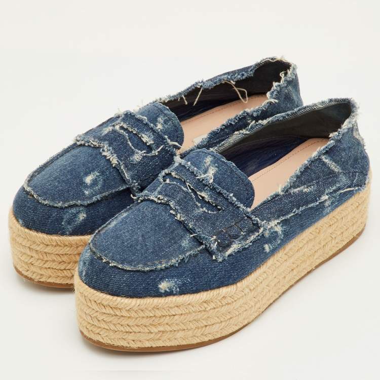 مملوكة مسبقًا Miu Miu Size 37.5 Blue Denim Penny Loafer Platform Espadrille Loafers