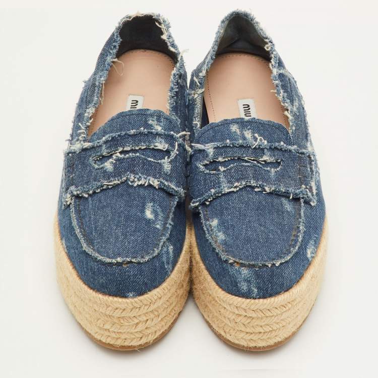 مملوكة مسبقًا Miu Miu Size 37.5 Blue Denim Penny Loafer Platform Espadrille Loafers