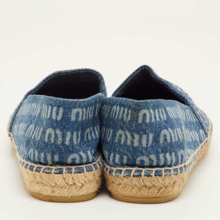 Pre Owned Miu Miu Size 41 Blue Logo Printed Denim Espadrille Flats
