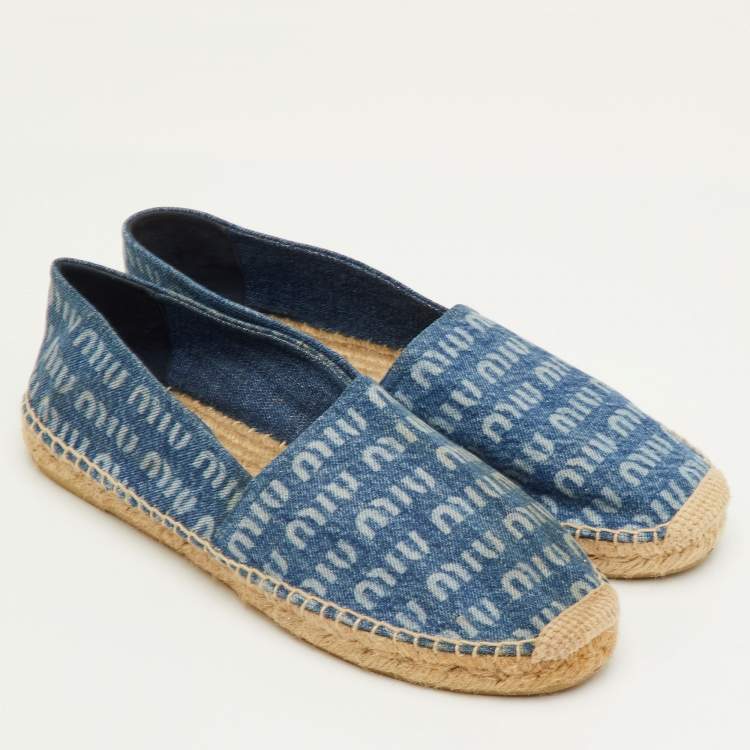 Pre Owned Miu Miu Size 41 Blue Logo Printed Denim Espadrille Flats