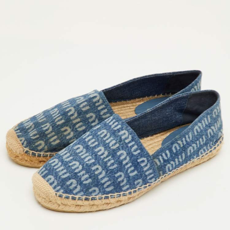 Pre Owned Miu Miu Size 41 Blue Logo Printed Denim Espadrille Flats