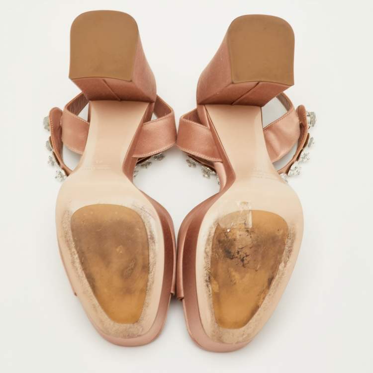 Pre Owned Miu Miu Size 41 Beige Crystals Embellished Satin Block Heel Platform Sandals