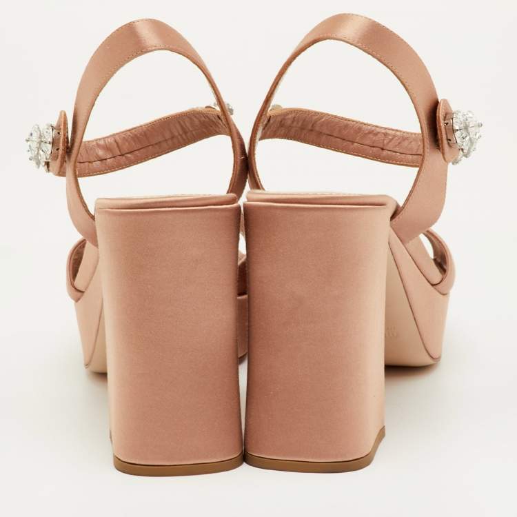 Pre Owned Miu Miu Size 41 Beige Crystals Embellished Satin Block Heel Platform Sandals
