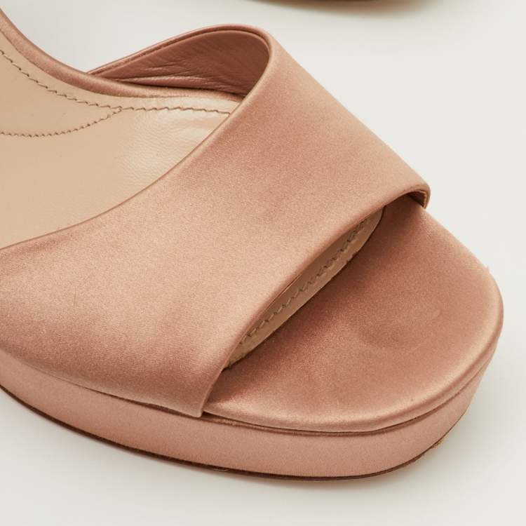 Pre Owned Miu Miu Size 41 Beige Crystals Embellished Satin Block Heel Platform Sandals